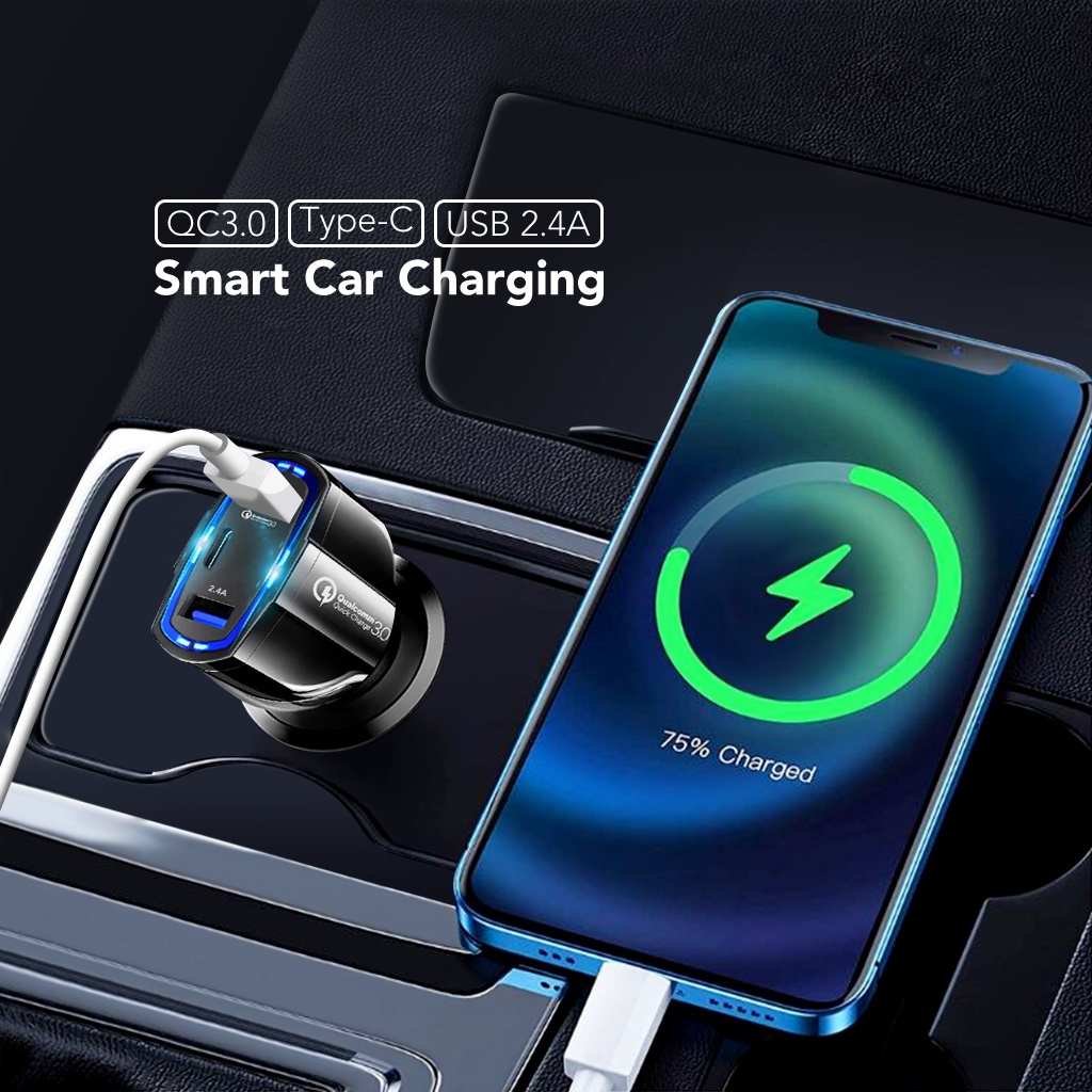 Indoholic AMINO AM-C01 Car Charger Fast Charger 3 Port USB QC 3.0 TYPE C Output Saver Mobil Lampu