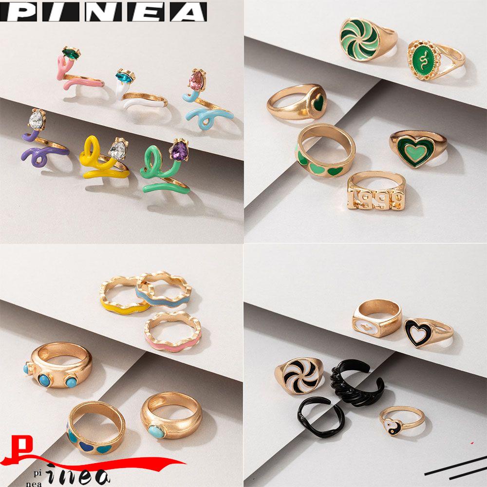 Nanas 6 Pcs Pembukaan Cincin Logam Pernikahan Pertunangan Fashion Wanita Bunga Cinta Hati Tai Chi Vintage Enamel Ring