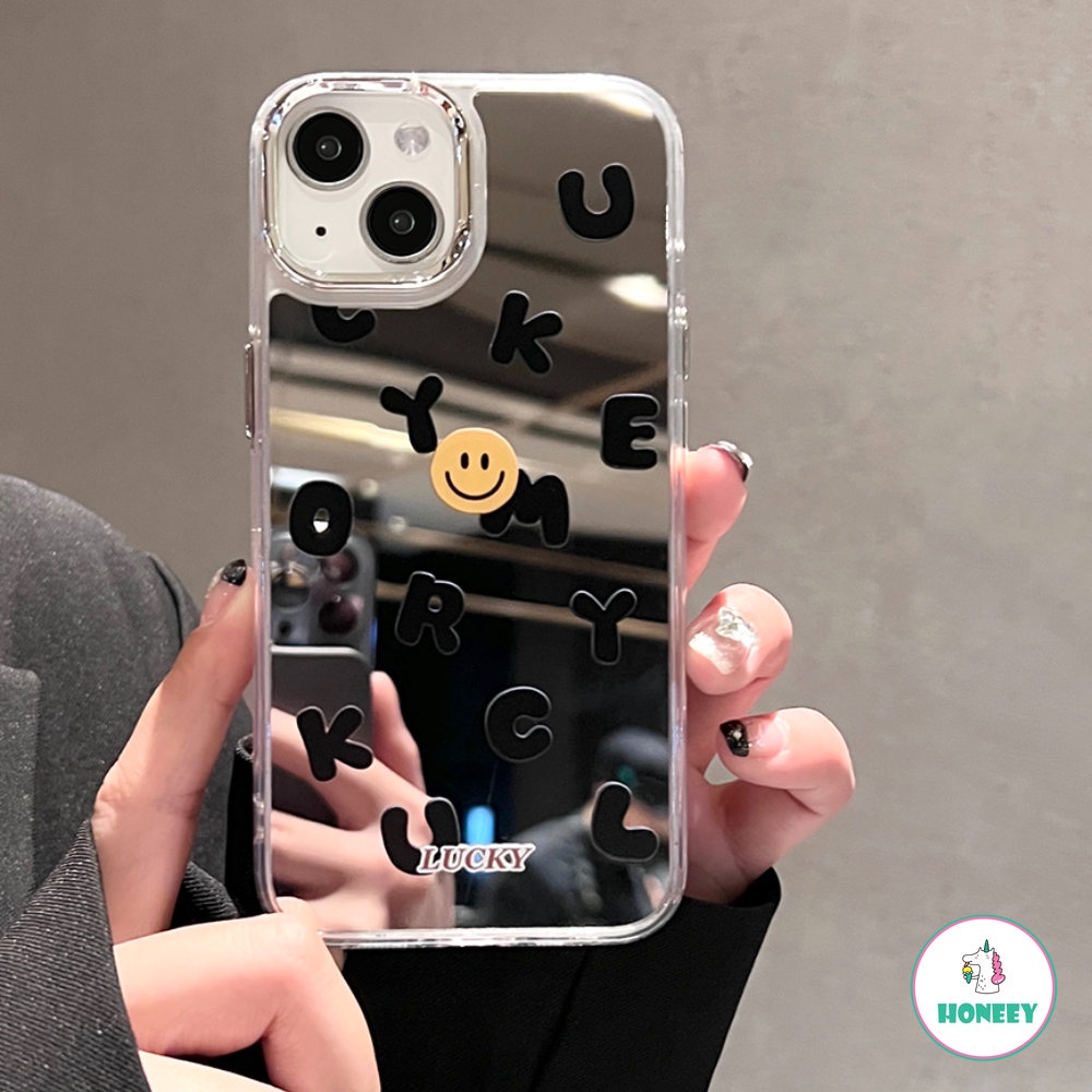 IPHONE Casing Ponsel Cermin Smile Huruf Lucu Kompatibel Dengan Iphone11 13 14 Pro Max12 Pro Lensa Metal Shockproof Pelindung Cover