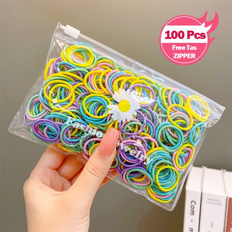 FREE POUCH isi 100 - Ikat Rambut / Karet Rambut Macaron Soft Colour / Kuncir Rambut Korea Warna Warni