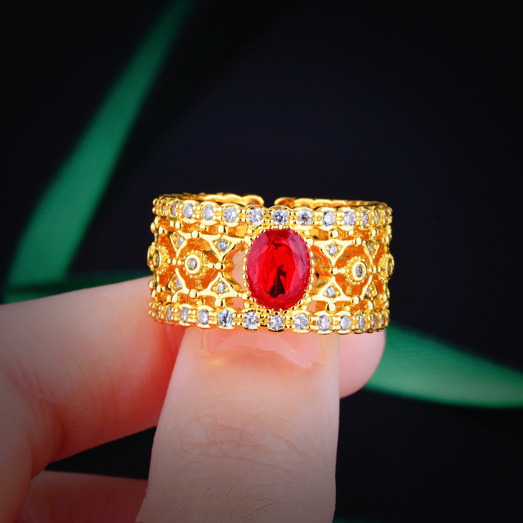 Goldkingdom Aksesoris Perhiasan Fashion Ready Stock Vintage Merpati Darah Ruby Cincin Emas Klasik Retro Antik Cincin Wanita Ujung Terbuka