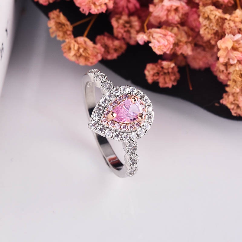 Goldkingdom Aksesoris Perhiasan Fashion Ready Stock Cincin Pir Tetesan Air Kristal Merah Muda Dengan Delapan Hati Dan Delapan Panah Cincin Pertunangan