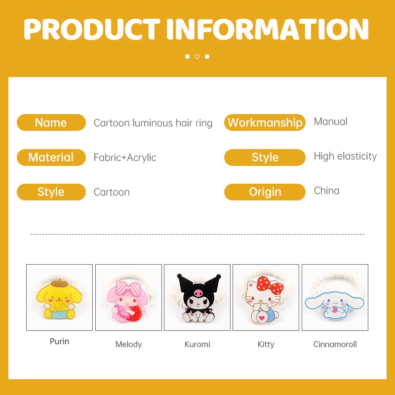 LED Ikat Rambut Satin sanrio Hiasan Kepala Kartun Bercahaya Kuromi/Melody Karet Gelang Usus Besar Tali Rambut Elastis Karet Gelang Kecil - SG