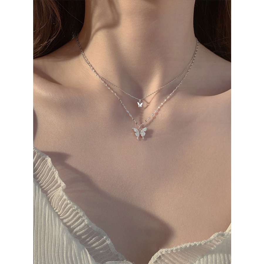 Ins Korea Double-layer Butterfly Necklace Bling Musim Panas Kalung Choker Rantai Tulang Selangka