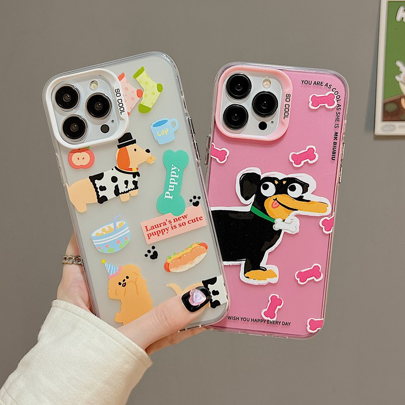 Cute Dachshund Skin Feel Soft Case HP iP iPhone 12 13 14 Pro Max 11 Black FTD Casing Apple