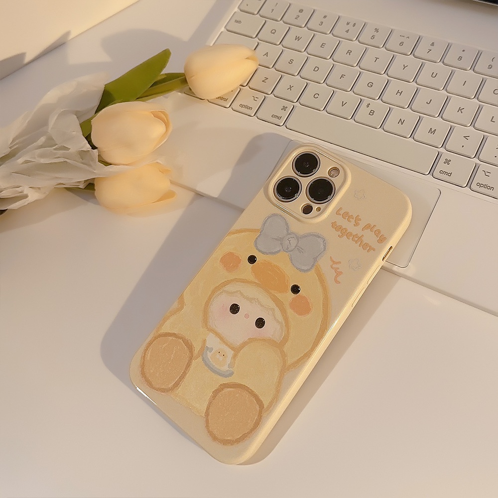 IPHONE Cream Kuning Lucu Kartun Bayi Perempuan Pelindung Lensa Kamera Ponsel Soft Case Cover Untuk Iphone11 12 13 14 PLUS PRO MAX