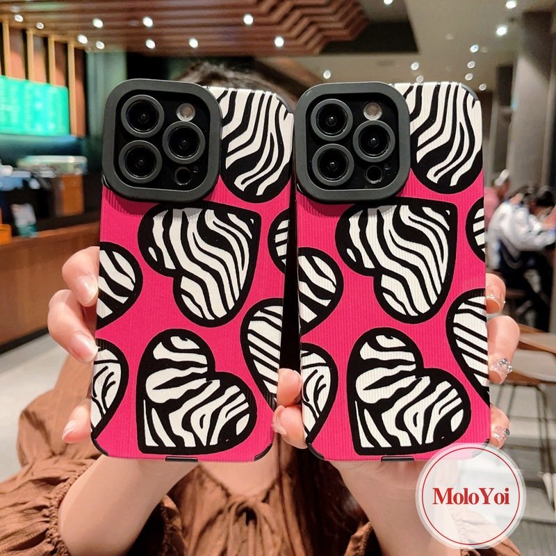 Casing Silikon Shockproof Untuk iPhone XR XS X Max8 7 Plus 7Plus 11 13 14 12 Pro Max Tekstur Kulit Mewah Motif Zebra Cinta Hati Ponsel Lembut Tpu Cover