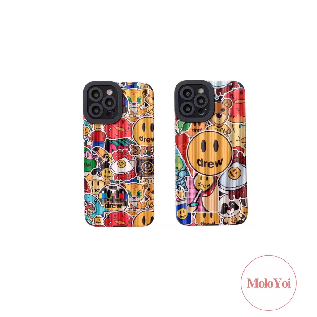 Casing Rumah Drew Merek Trendi Kulit Tekstur Mewah Kompatibel Untuk iPhone XR XS X Max 11 Pro Max8 7 Plus 13 12 14 Pro Max Graffiti Lucu Kartun Beruang Smiley Phone Soft Cover