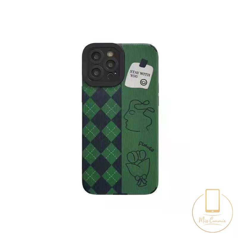 IPHONE Retro Kotak-Kotak Bunga Cinta Hati Case Kompatibel Untuk Iphone11 12 14 13 Pro MAX X 7Plus XR XS Max7 8 Plus Silikon Tekstur Kulit Mewah Berlian Senyum Lembut Shockproof Cover