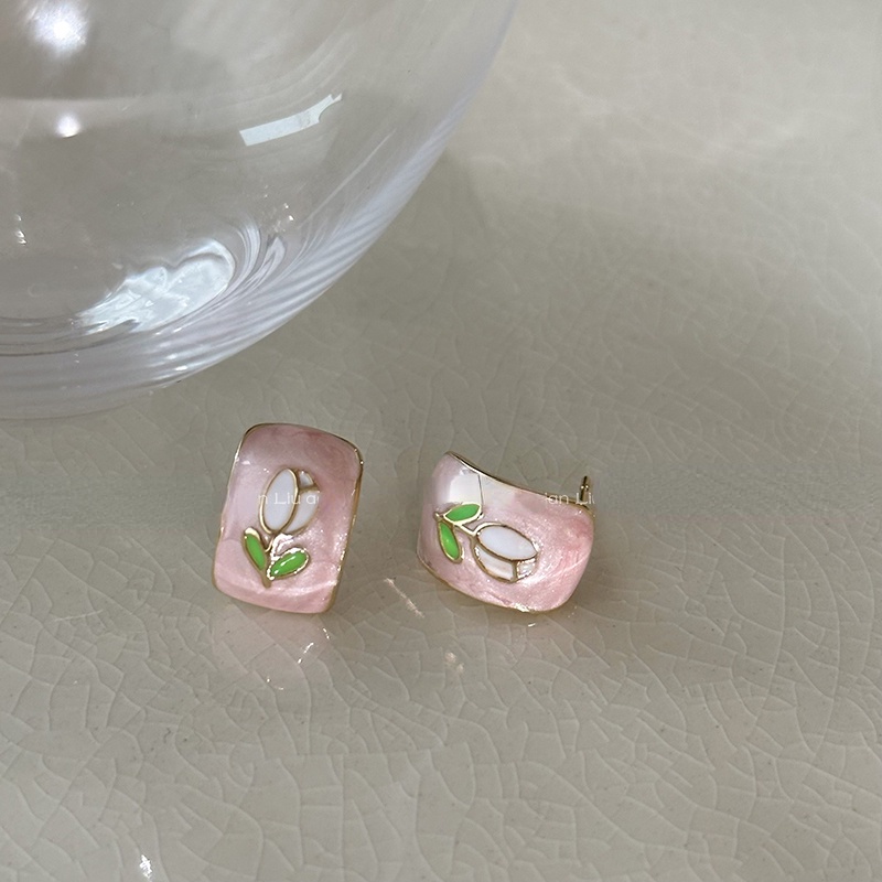 S925 Sterling Silver Tulip Peach Enamel Anting Giwang Telinga Untuk Gadis Manis Aksesori Korea