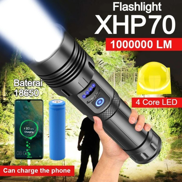 Senter SWAT LED Super Terang / Senter LED XHP-70 Cas USB Outdoor - XHP70-Bat.18650