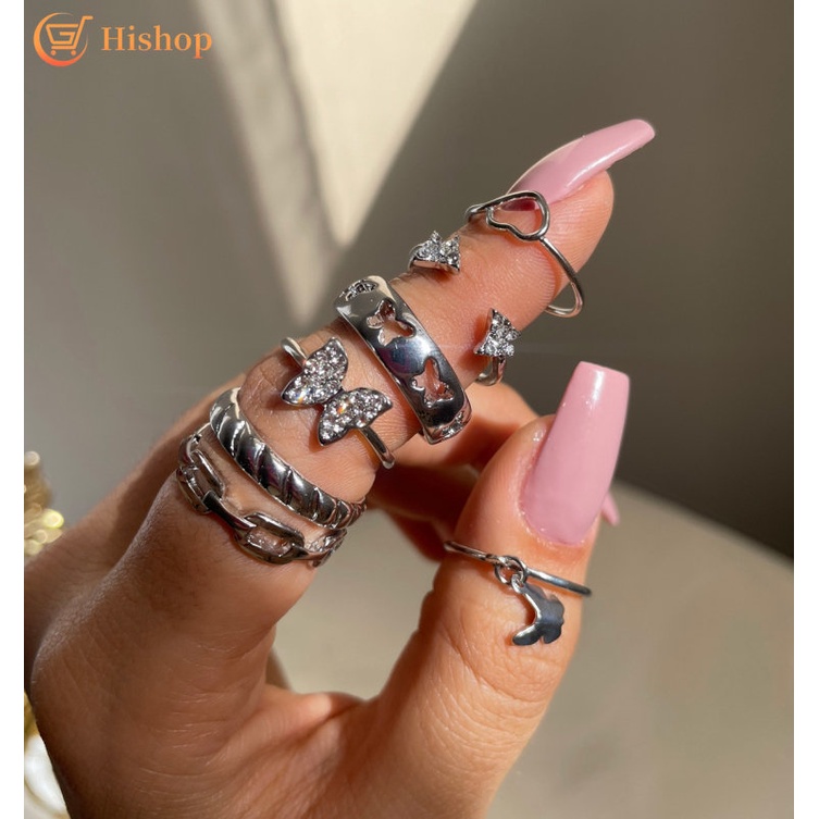 7pcs/set Cincin Perak Untuk Wanita Zirkon Kristal Berongga Kupu-Kupu Hati Twist Rings Aksesoris Fashion Perhiasan