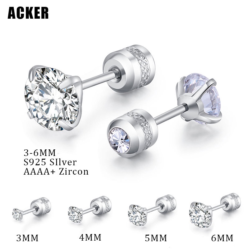 [ACKER] 3-6mm 1pasang 925silver Titanium Stainless Cubic Zirconia Berlian AAA+Zircon Stud Earrings Untuk Wanita /Pria