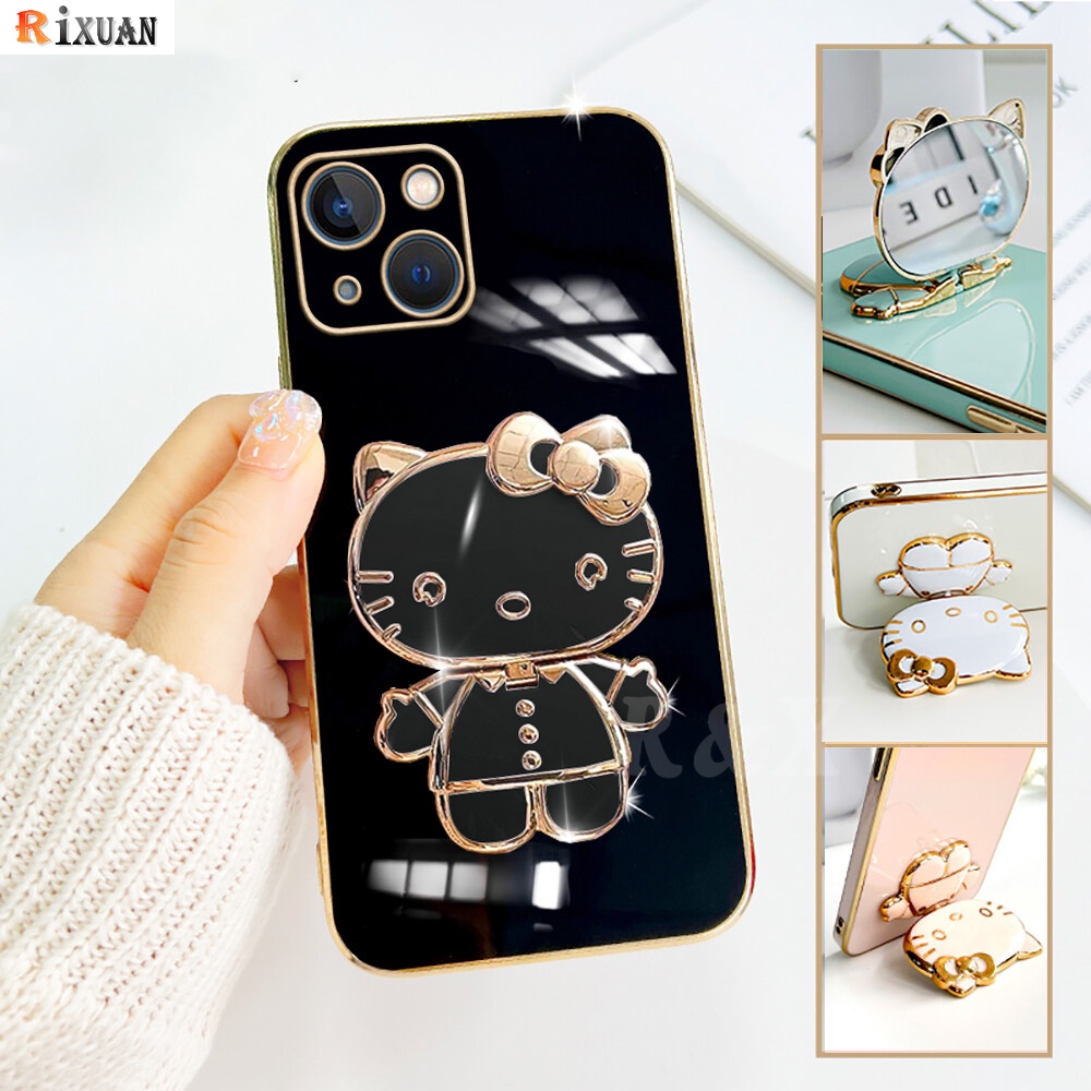 IPHONE Fashion Case Kompatibel Untuk Iphone14 Pro Max Iphone14Plus iPhone13 iPhone12 iPhone11 Xs Cermin Rias Kitty Kucing Stand Holder Mewah Plating Karet Soft Cover Rixuan