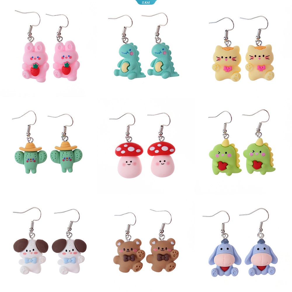 Kawaii Wanita Anting Resin Lucu Imut Gadis Anting Dinosaurus Beruang Puppy Cat Donkey Rabbit Animal Earrings [ZK]