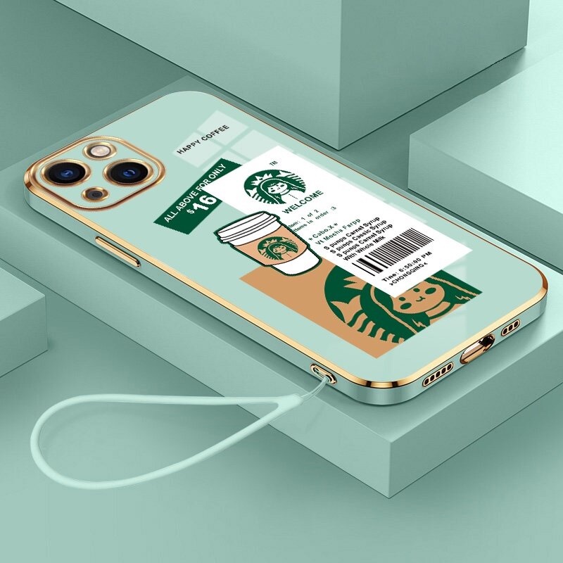 Casing hp Oppo A59 F1s A71 A74 4G A95 4G F19 F19s Reno6 Lite A76 A36 A96 A83 A92 A52 A72 4G A93 4G Reno4 F Reno4 Lite F17 Pro Trendy Brand Starbucks soft TPU Luxury electroplated Straight Edge Shockproof Cover Cases