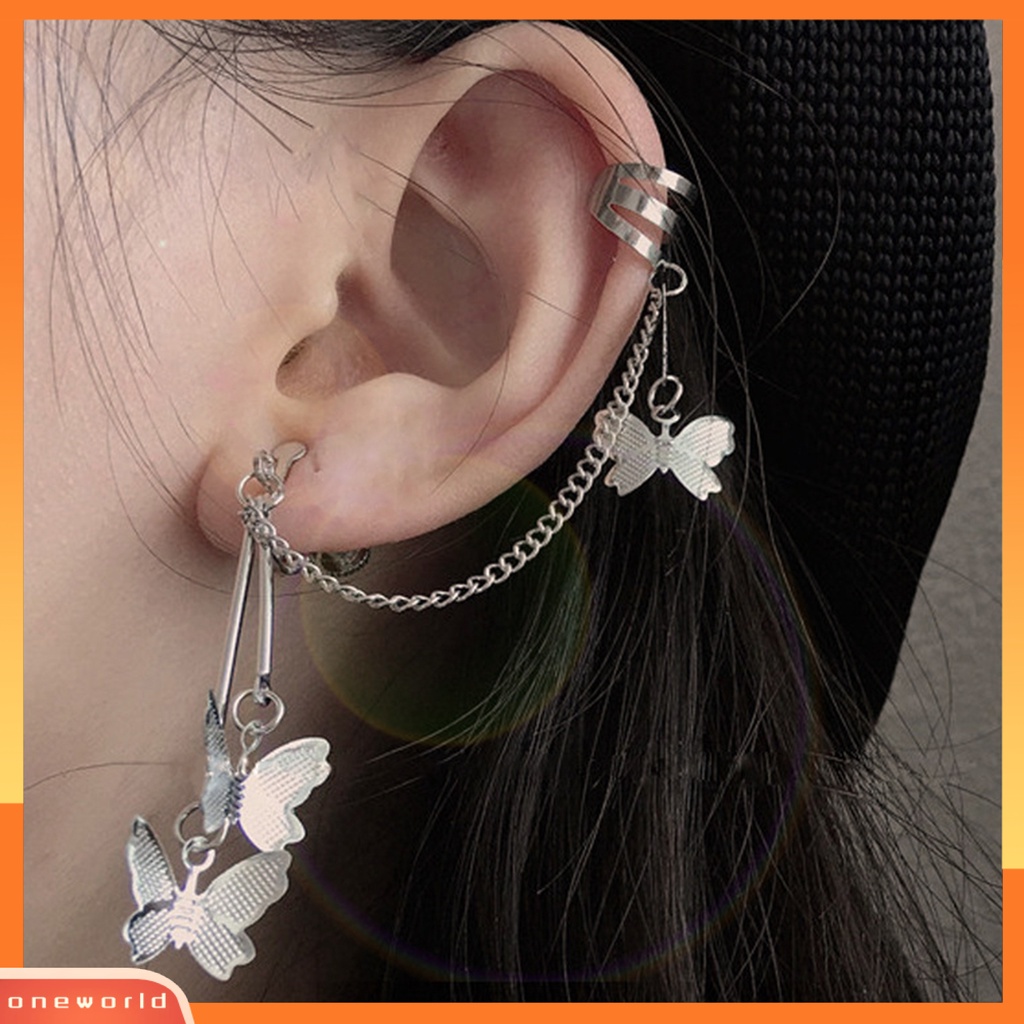 [ONE] 1pasang Kupu-Kupu Wanita Anting Keren Punk Warna Perak Link Rantai Tulang Rawan Klip Anting Fashion Perhiasan Hadiah