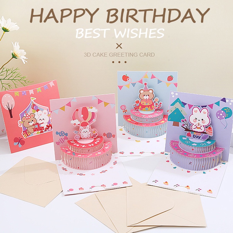 3d Happy Birthday Card Pop Up Greeting Kartu Lucu Kue Ulang Tahun Postcards Hadiah Liburan Dengan Amplop