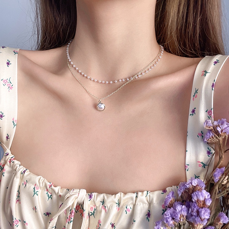 Influencer ns Double Layer Pearl Necklace Female Gaya Baru Cahaya Mewah Niche Sederhana Hip Hop Klavikula Rantai Kalung