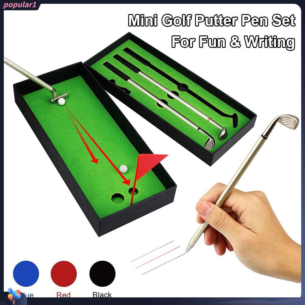 Populer 3PCS/Set Golf Putter Pen Set Alat Tulis Menulis Alat Hadiah Pen Tanda Tangan Hitam/Merah/Biru Tinta Golf Berbentuk Gel Pen