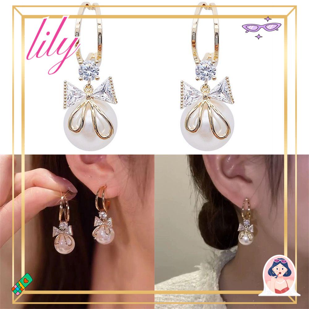 Lily Bow Pearl Earrings Hadiah Perhiasan Berlian Sederhana Bentuk C