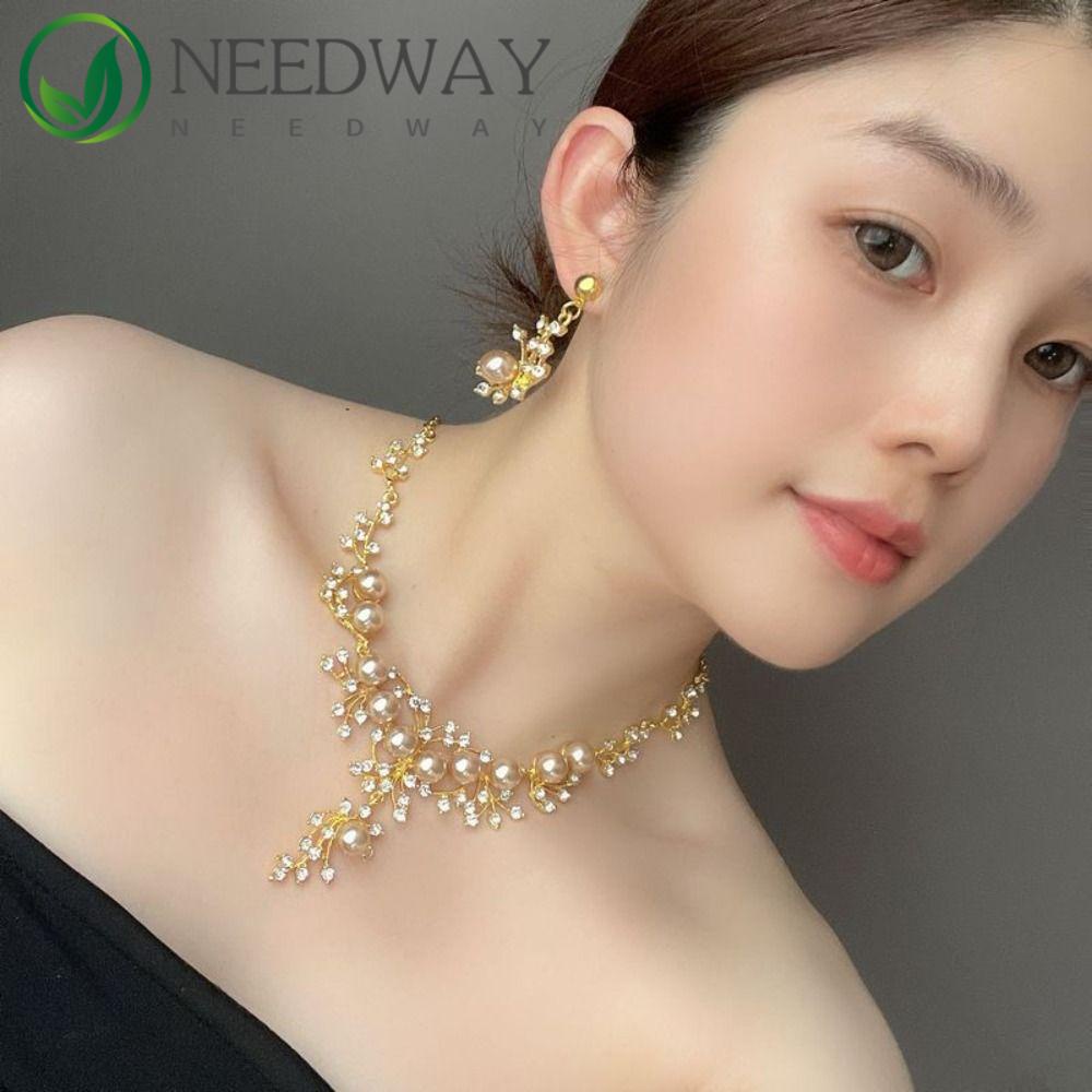 Needway  Set Perhiasan Perak Emas Mutiara Mewah Klasik Shiny Alloy Crystal Jewelry