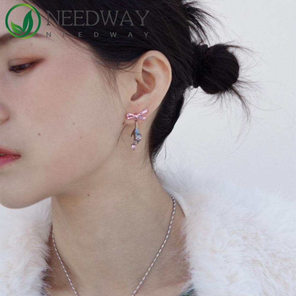 Needway  Bow Drop Earrings Charm Sweater Rantai Hati Y2k Niche Desain Alloy Untuk Wanita Liontin Gaya Korea