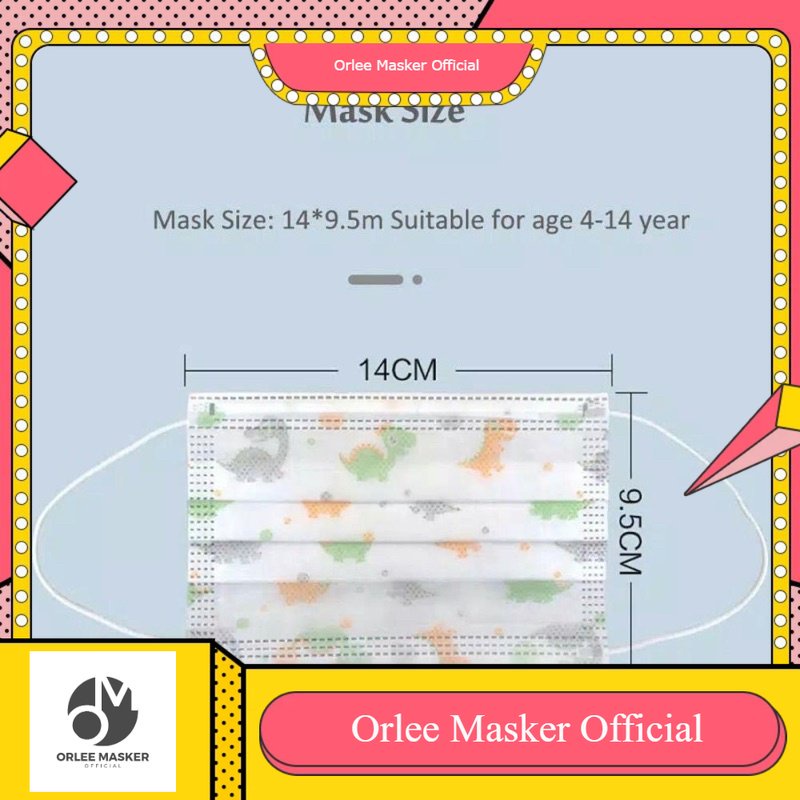 MASKER ORLEE ANAK MEDIS motif dinosaurus dan doraemon, + BONUS KEMENKES isi 50pcs
