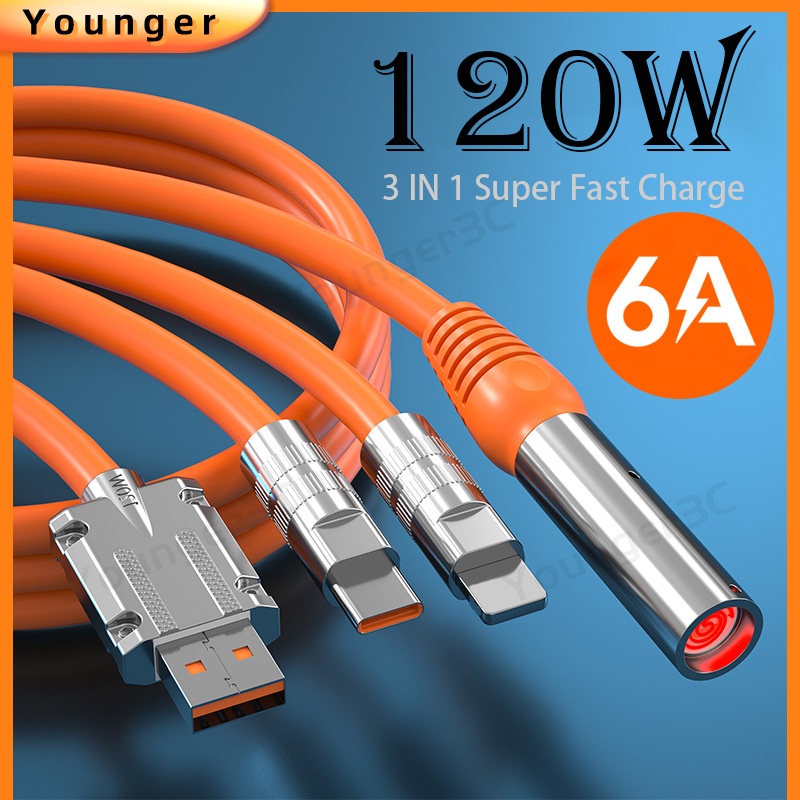 6a Kabel Data Korek Rokok Portabel 120W 3in1 Zinc Alloy Menebal Kabel Pengisian Silikon Korek Api Tahan Angin Cerdas Kabel Pengisian Super Cepat