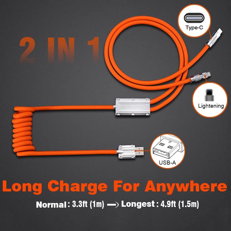 Kabel USB Musim Semi 6A 120W 2in1 Untuk iPhone Type-C Charger Cepat Kabel Data USB Yang Dapat Ditarik