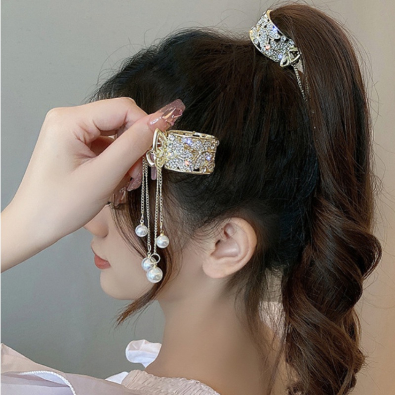 Flash Drill Kupu-Kupu Mutiara Rumbai Ponytail Gesper/Gadis Tinggi Ponytail Anti-Keruntuh Hiasan Kepala/Fashion Sanggul Rambut Cakar/Sederhana Unggul Rasa Hairgrip/Temperamen Jepit Rambut