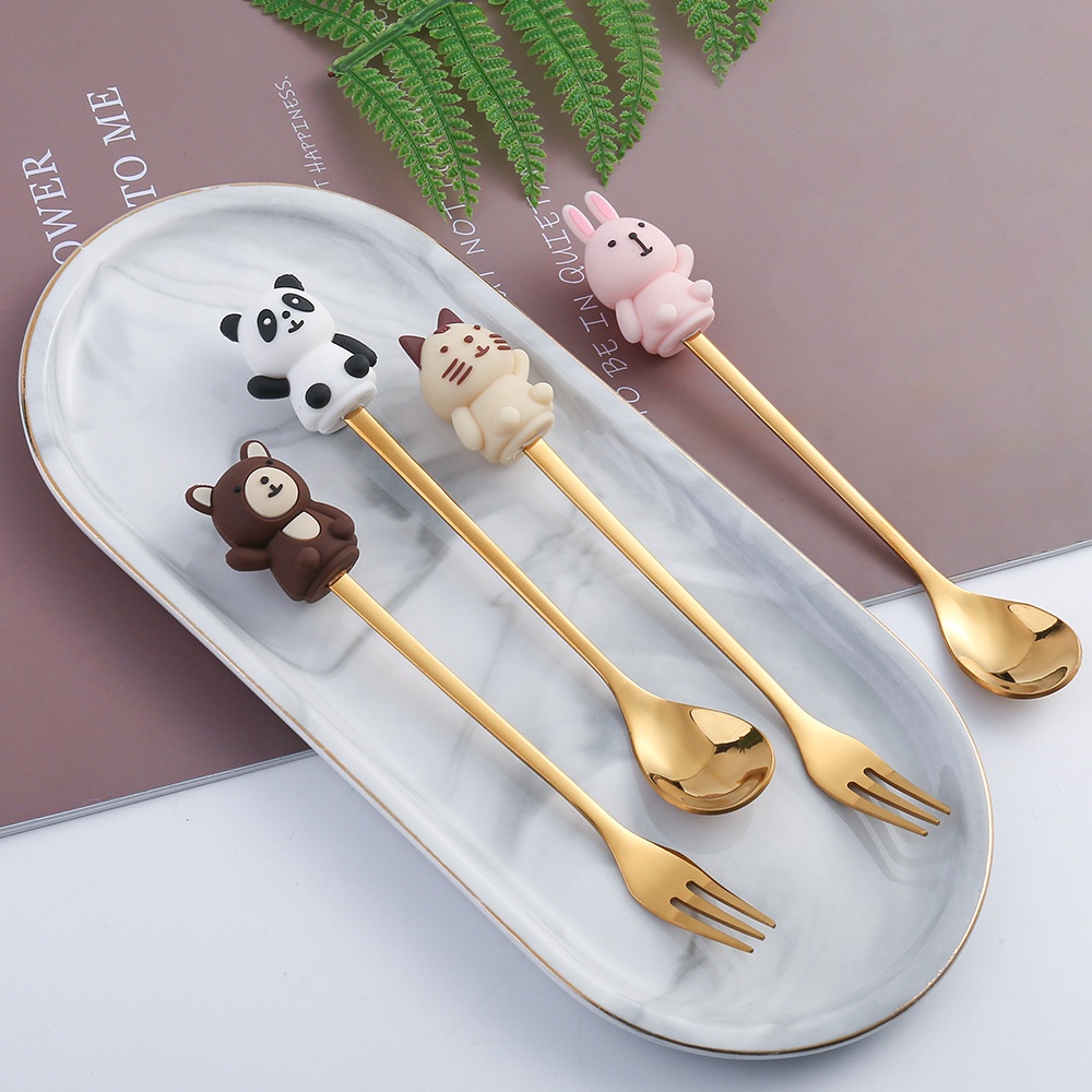 Forks Lucu Boneka Anak-anak Sendok Baja Nirkarat Mengaduk Sendok Garpu Kartun Makanan Penutup Buah Hewan Sendok Kreatif Alat Makan Kopi Es Krim Alat Makan Hadiah