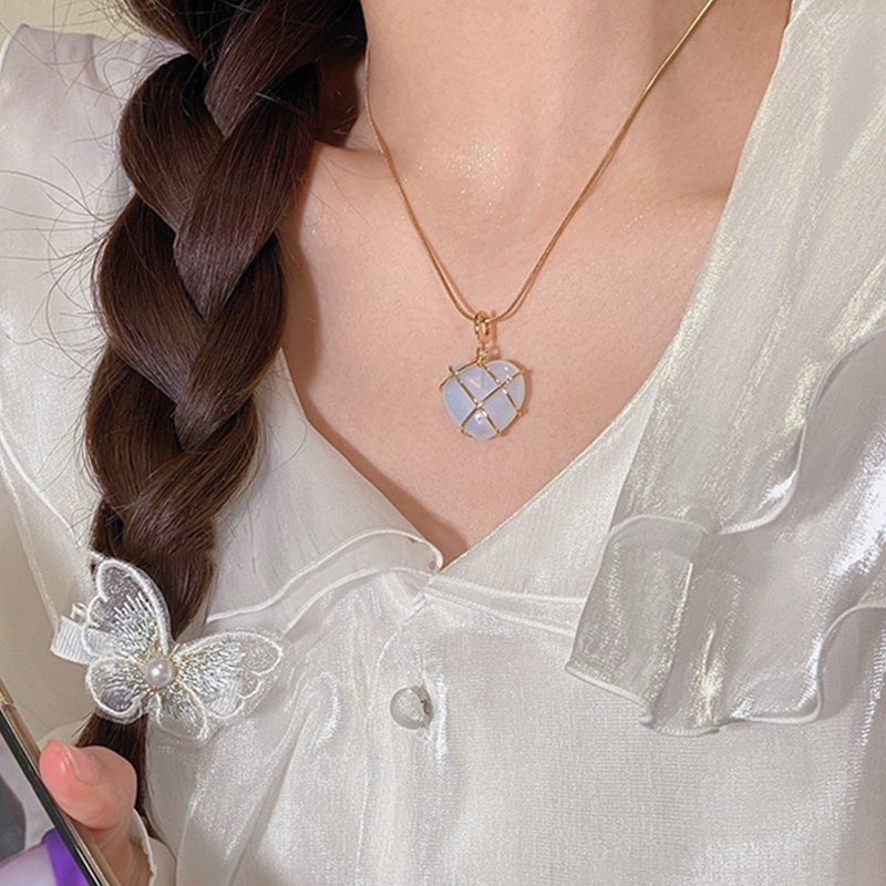 Kalung Kristal Rose Quartz Opal Batu Berbentuk Hati Liontin Kalung Perhiasan Fashion Lucu
