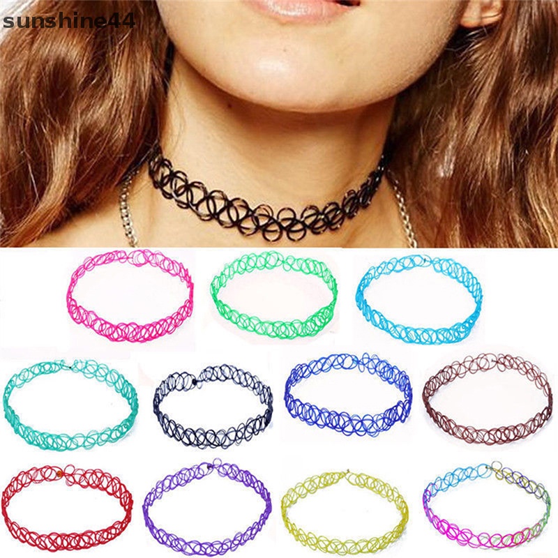 Sunshine 12pcs/Set Kerah Baru Vintage Stretch Tato Choker Kalung Wanita Gadis Pesona Punk Retro ID