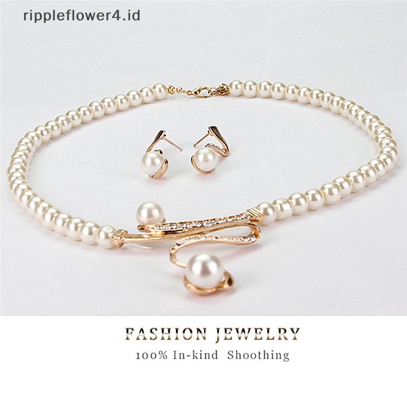{rippleflower4.id} Baru Wanita Pengantin Pesta Pernikahan Mutiara Berlian Imitasi Kalung Anting Set Perhiasan~