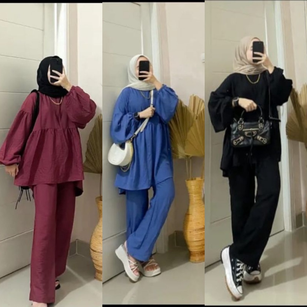 Beca One Set Setelan Cutbray Lengan Balon Bahan KatunPolo Linen Blouse dan Kulot