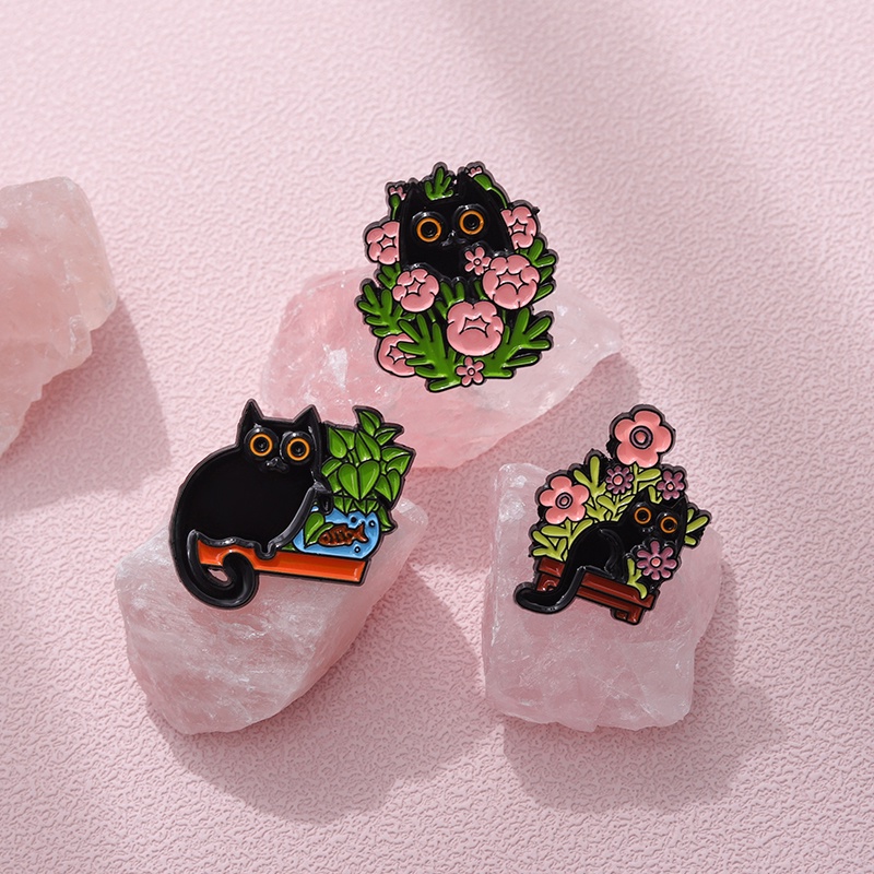 Kaktus Kucing Pot Enamel Pin Bros Bunga Tanaman Kartun Logam Wanita Anak Hadiah Aksesoris Lencana Hitam Hewan Kitten Perhiasan