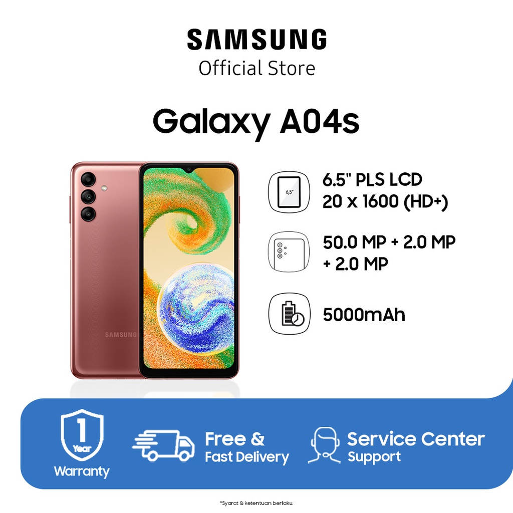 Samsung Galaxy A04s 4/64GB, Handphone Android dengan Tripel kamera, Baterai 5000mAh tahan seharian, Prosesor Octa-Core, Dolby Atmos, Fingerprint sensor-GARANSI RESMI