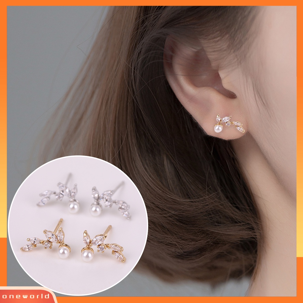 [WOD] 1pasang Anting Wanita Bentuk Daun Hias Indah Tahan Lama Portabel Mengkilap Cubic Zirconia Mutiara Imitasi Great Lengket Ear Stud Gift