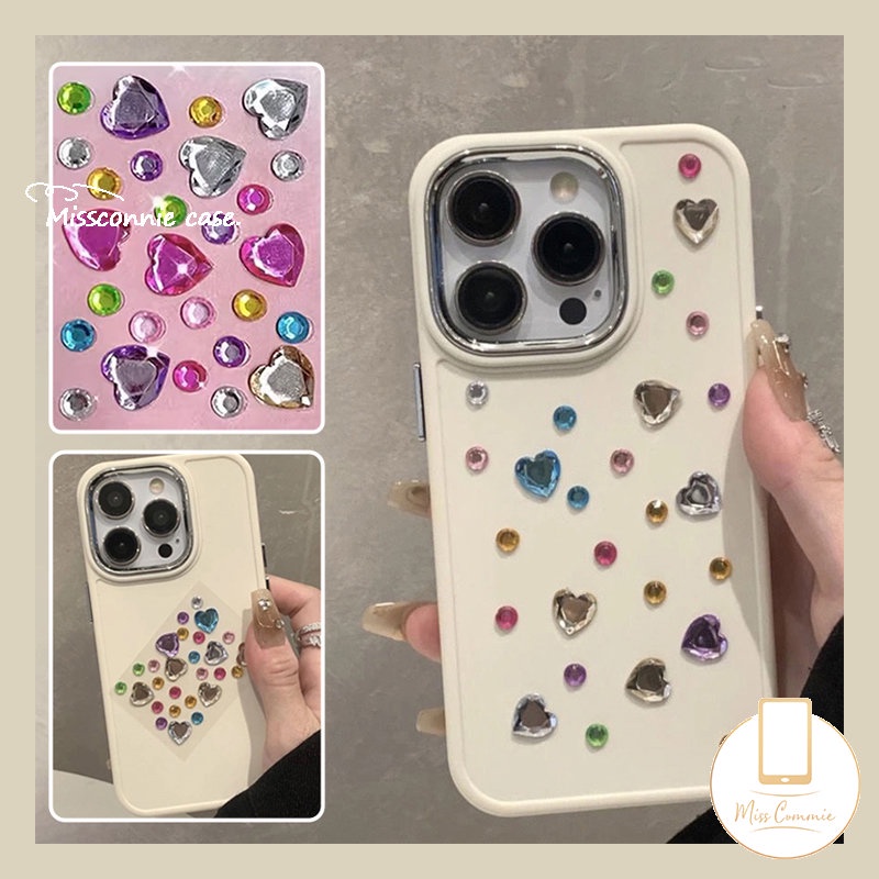 IPHONE Luxury Simple Warna Solid Plating Square Case Kompatibel Untuk Iphone11Xr 7Plus 8Plus 13 14 11 12 Pro MAX X XS MAX Cinta Hati Berlian Warna-Warni Casing Ponsel Dekorasi Stiker Cover