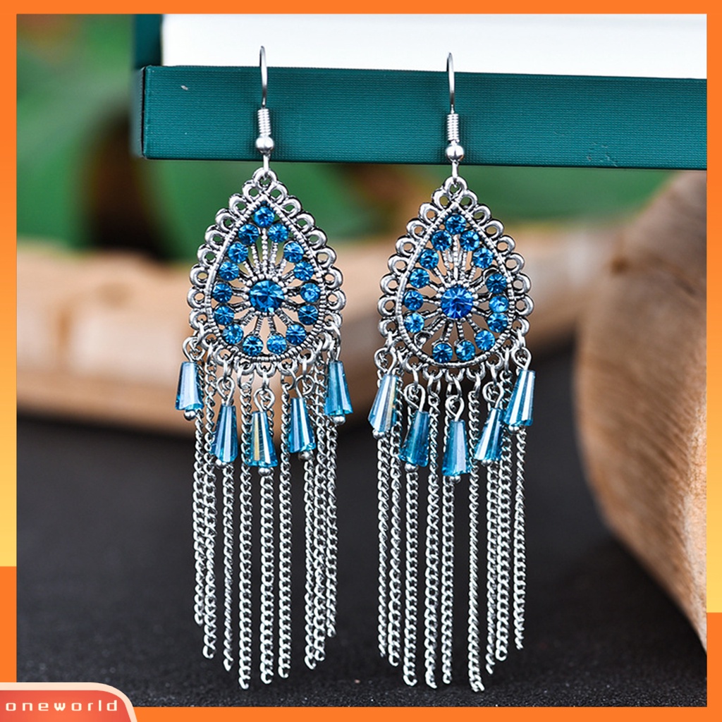 [WOD] 1pasang Anting Wanita Bentuk Tetesan Air Rumbai Berlian Imitasi Vintage Drop Earrings Untuk Pakaian Sehari-Hari