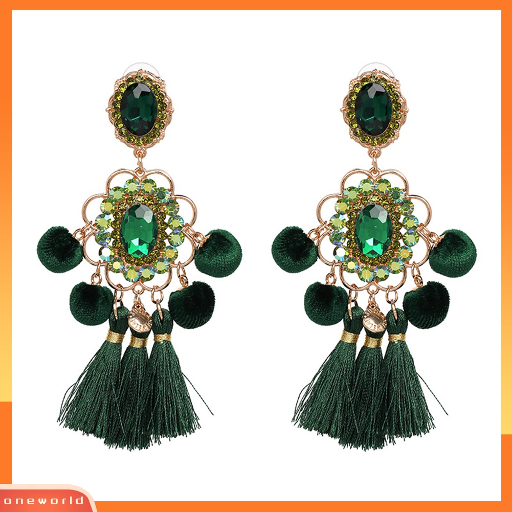 [WOD] Wanita Berlian Imitasi Bunga Pompom Rumbai Menjuntai Ear Stud Earrings Pernyataan Perhiasan