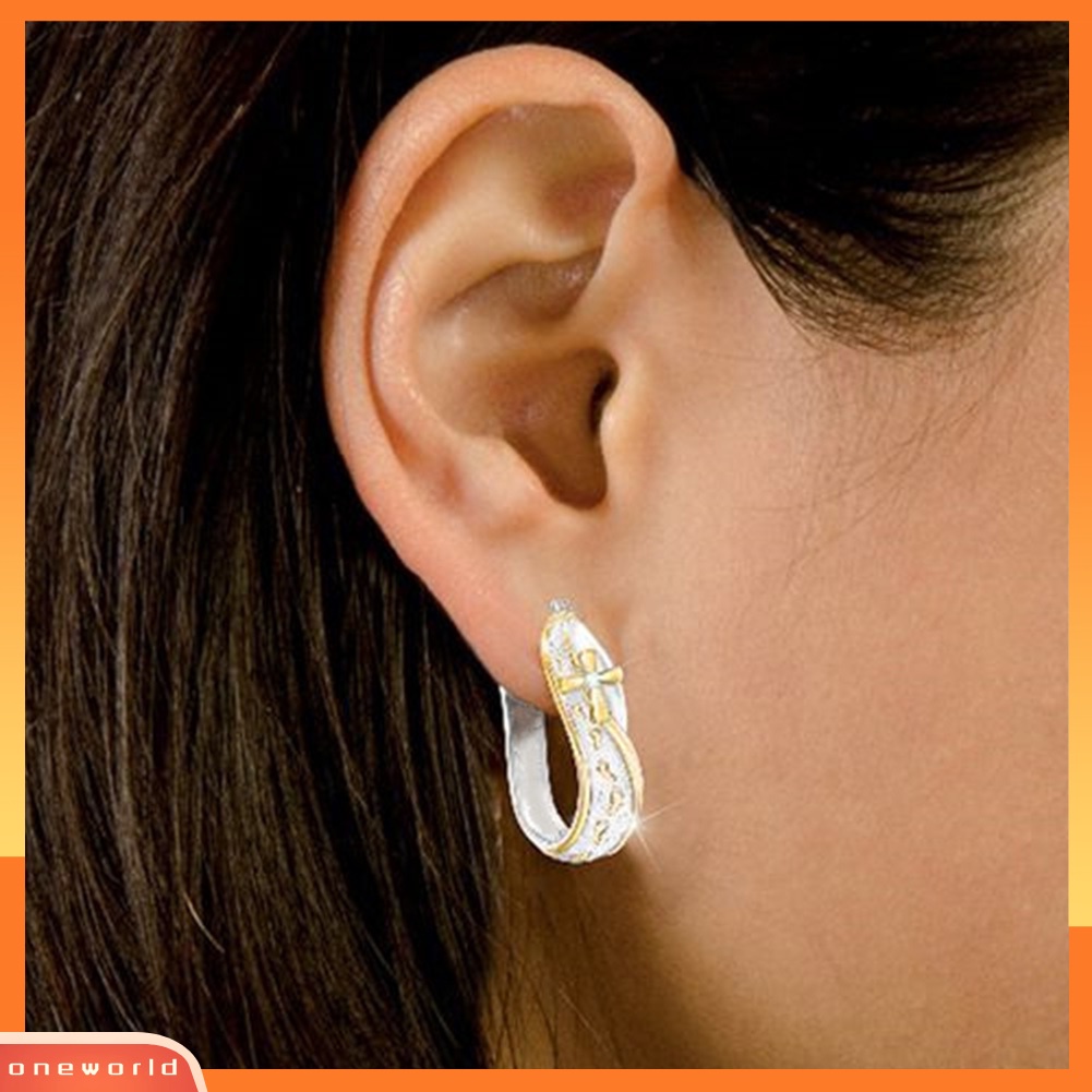 [WOD] Fashion Dua Warna Jejak Kaki Cross Sign Berlian Imitasi Wanita Huggie Hoop Earrings