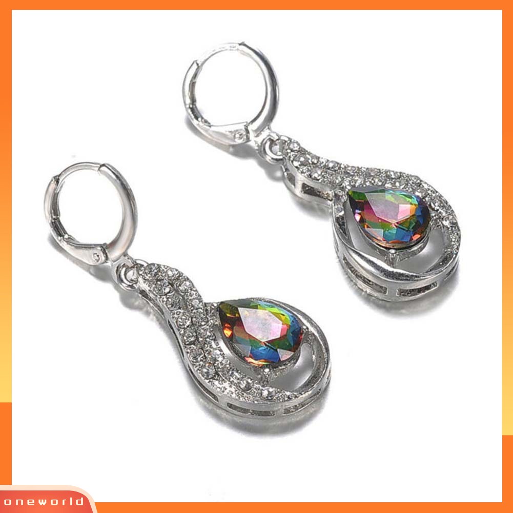 [WOD] Wanita Kreatif Berongga Teardrop Pesona Pelangi Berlian Imitasi Bertatahkan Huggie Earrings