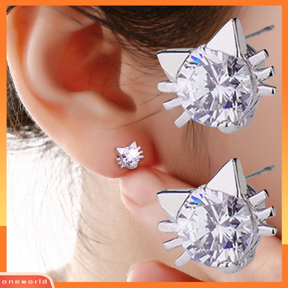 [WOD] Lucu Wanita Cubic Zirconia Hias Bentuk Kucing Telinga Stud Anting Pesta Perhiasan Hadiah