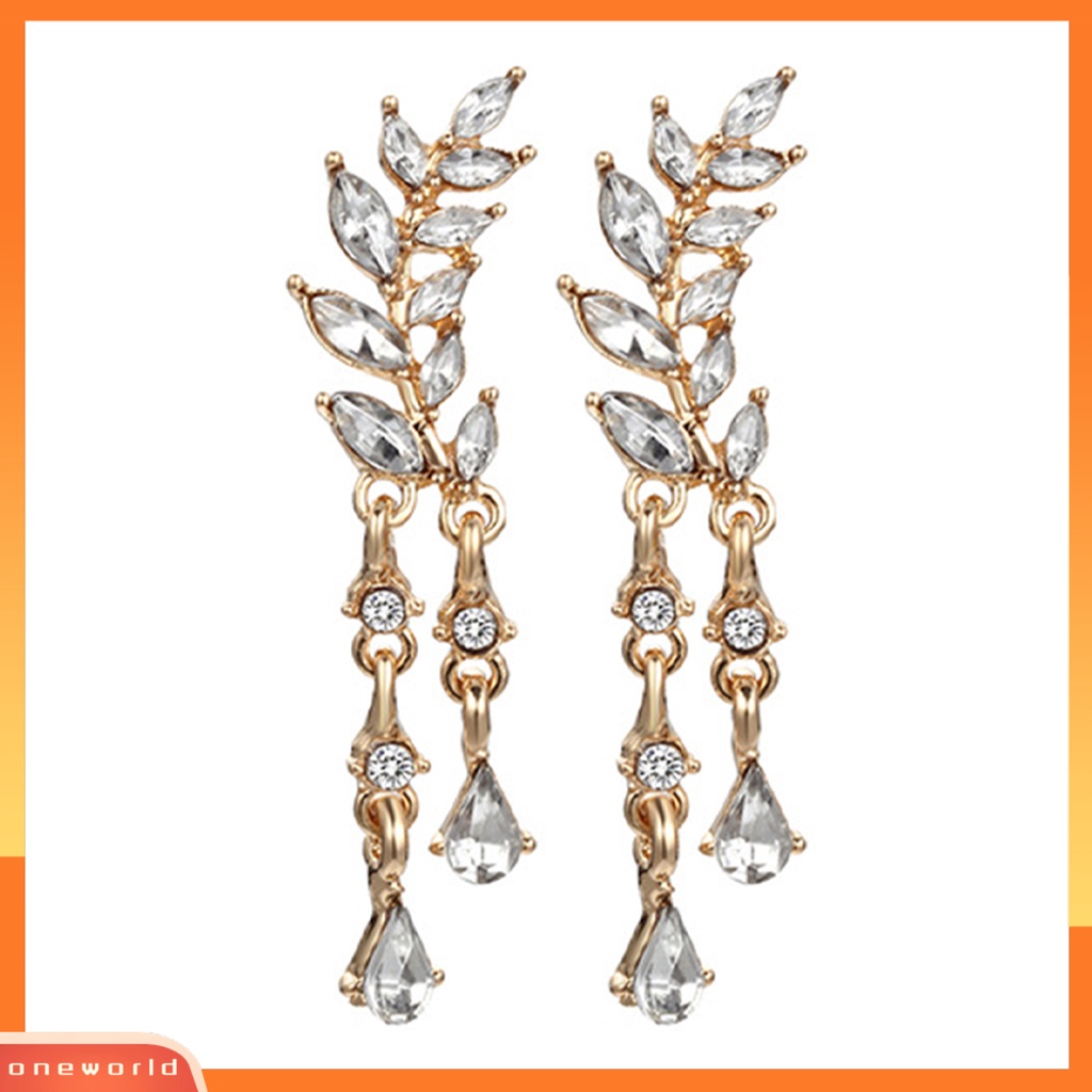 [WOD] 1pasang Anting Wanita Shiny Faux Crystal Alloy Bentuk Daun Berkilau Prom Earrings Perhiasan Perempuan