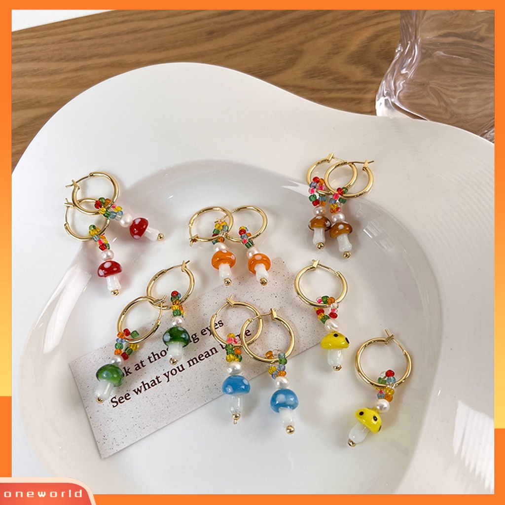 [WOD] 1pasang Anting Wanita Jamur Faux Glaze Alloy Gaya Korea Anting Menjuntai Warna-Warni Untuk Pakaian Sehari-Hari