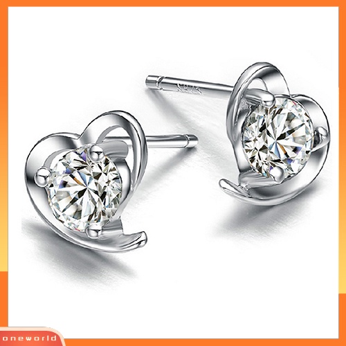 [WOD] Fashion Wanita Cinta Hati Cubic Zirconia 925 Sterling Perak Ear Studs Earrings