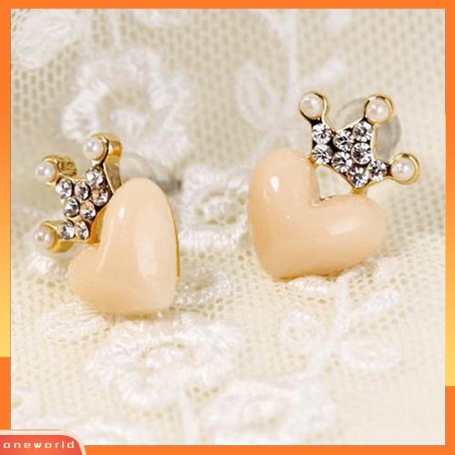 [WOD] 1pasang Fashion Wanita Manis Mutiara Imitasi Berlian Imitasi Mahkota Hati Studs Earrings