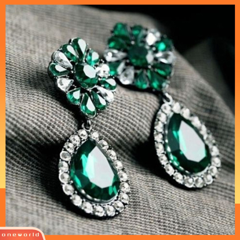 [WOD] Vintage Lady Hijau Berlian Imitasi Bunga Teardrop Statement Menjuntai Stud Earrings